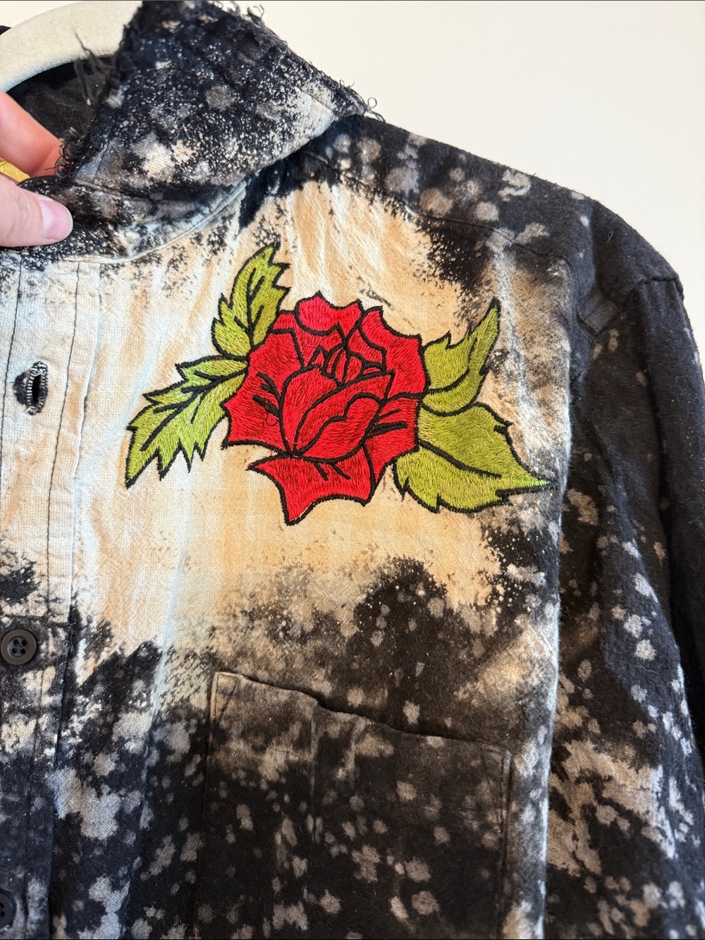 Distressed Black Button-Up Shirt with Red Rose Embroidery - Picture 7 of 8